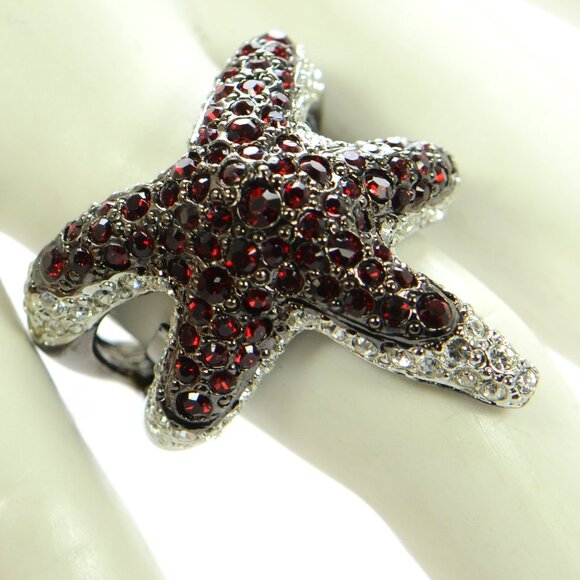Kenneth Jay Lane KJL Gunmetal Crystal Starfish Cocktail Ring - Picture 1 of 6